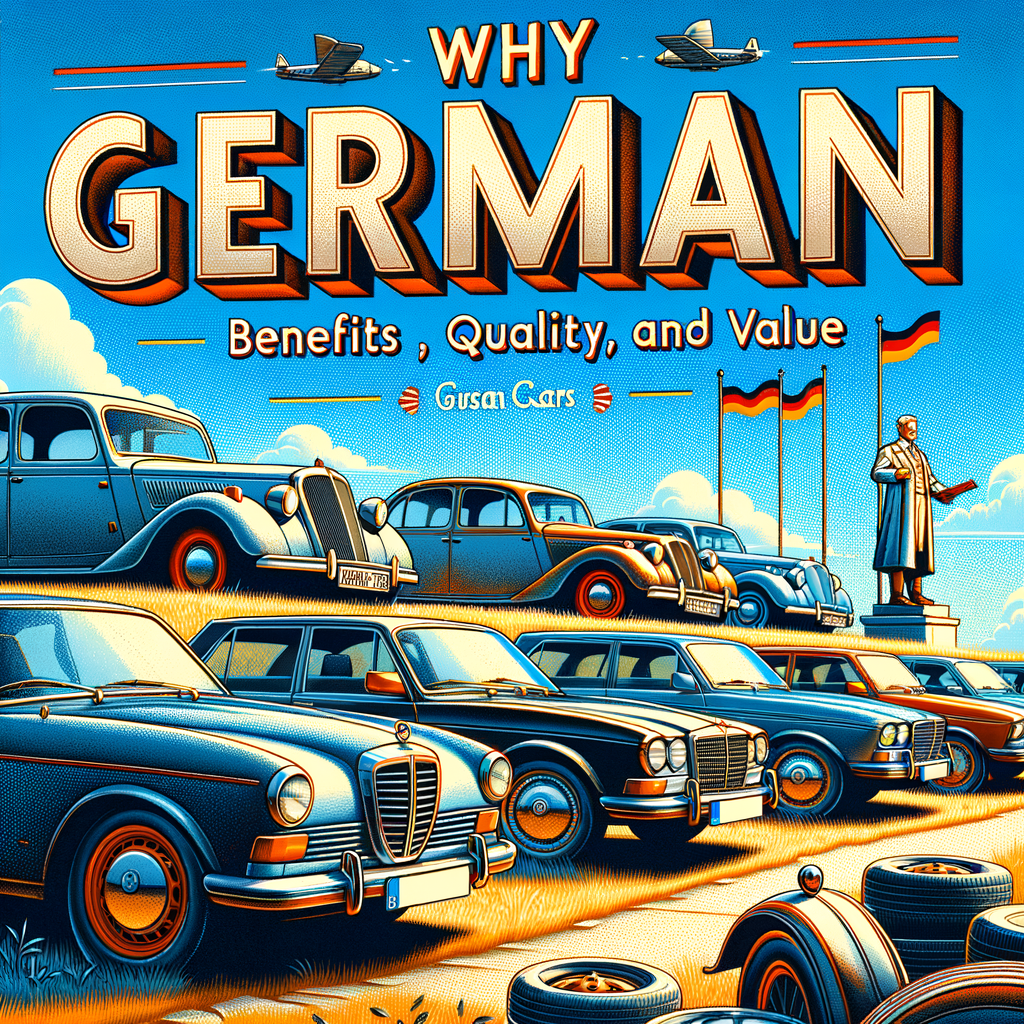 Vintage German cars under a bright blue sky with the title “Why German: Benefits, Quality, and Value”